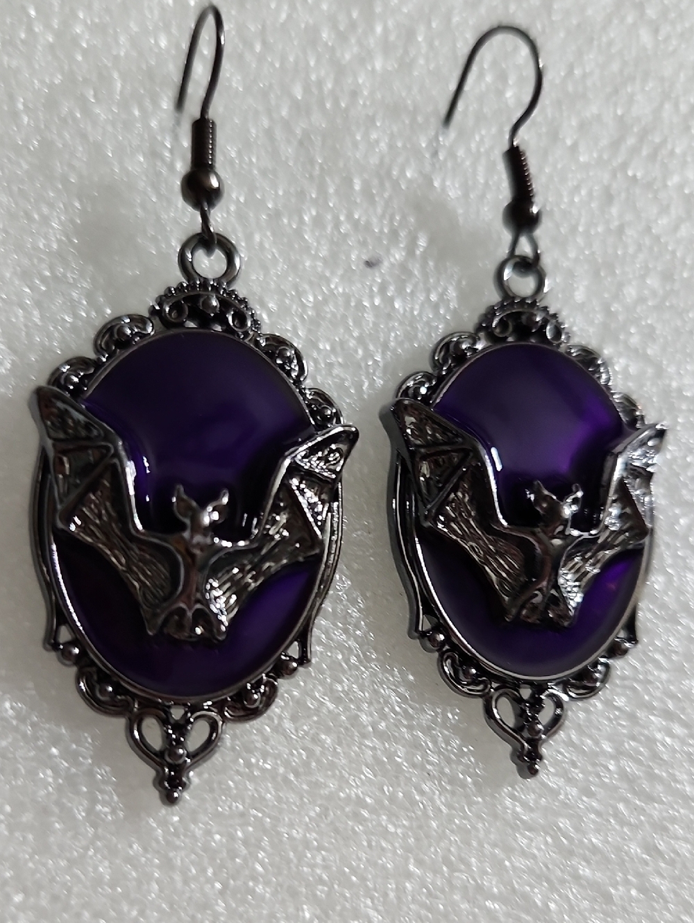 Hand Crafted Purple Bat Cameo Dangle Earrings